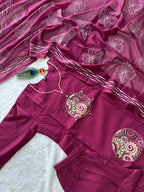 Wine Pure Cotton Embroidery Kurta Pant Set With Mandala Patchwork
