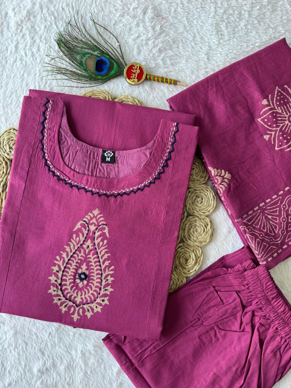 Catchy Rouge Pure Cotton Suit Set With Mirror Hand Work