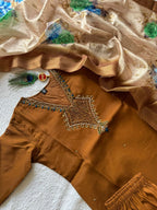 Very Attractive Brown Hand Embroidered Mul Chanderi Ethnic Suit Set