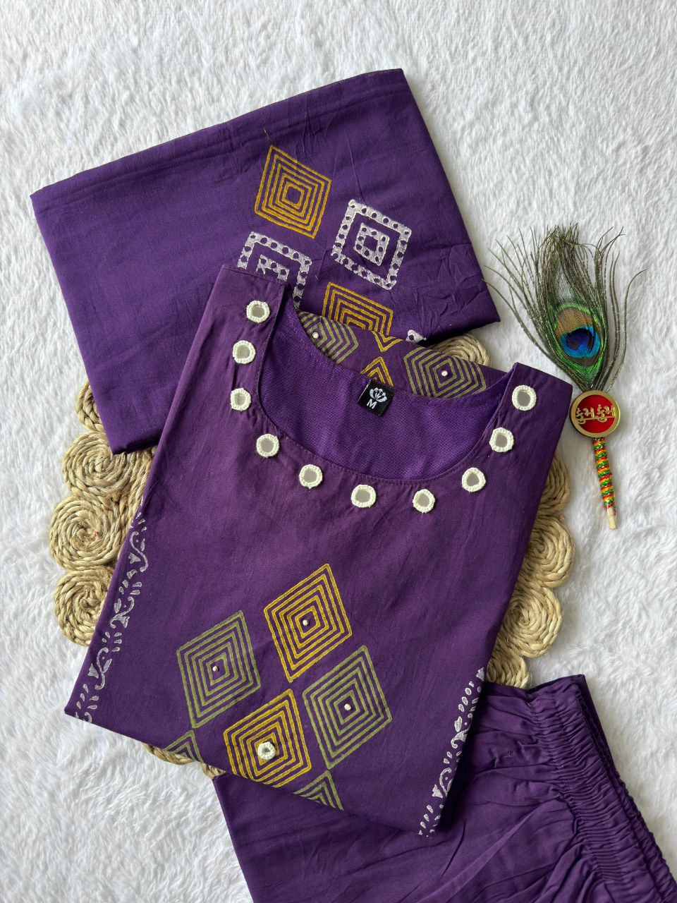Elegant Royal Purple Pure Cotton Suit Set With Mirror Hand Work