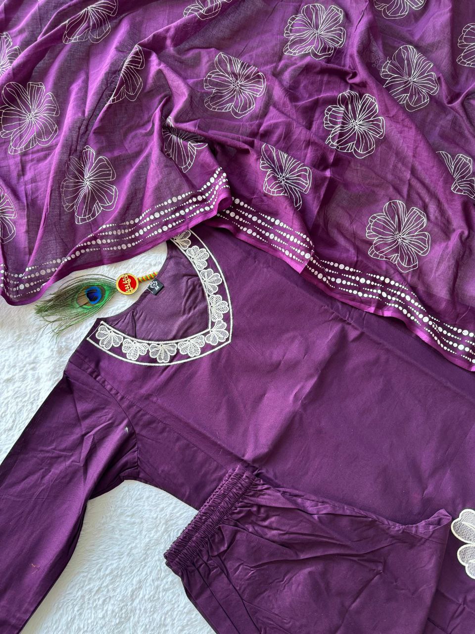 Very Attractive Royal Purple Floral Embroidered Cotton Suit Set