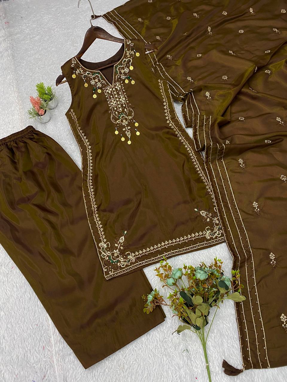 Chocolate Brown Coss Moss Salwar Suit Set with Sequin Embroidery