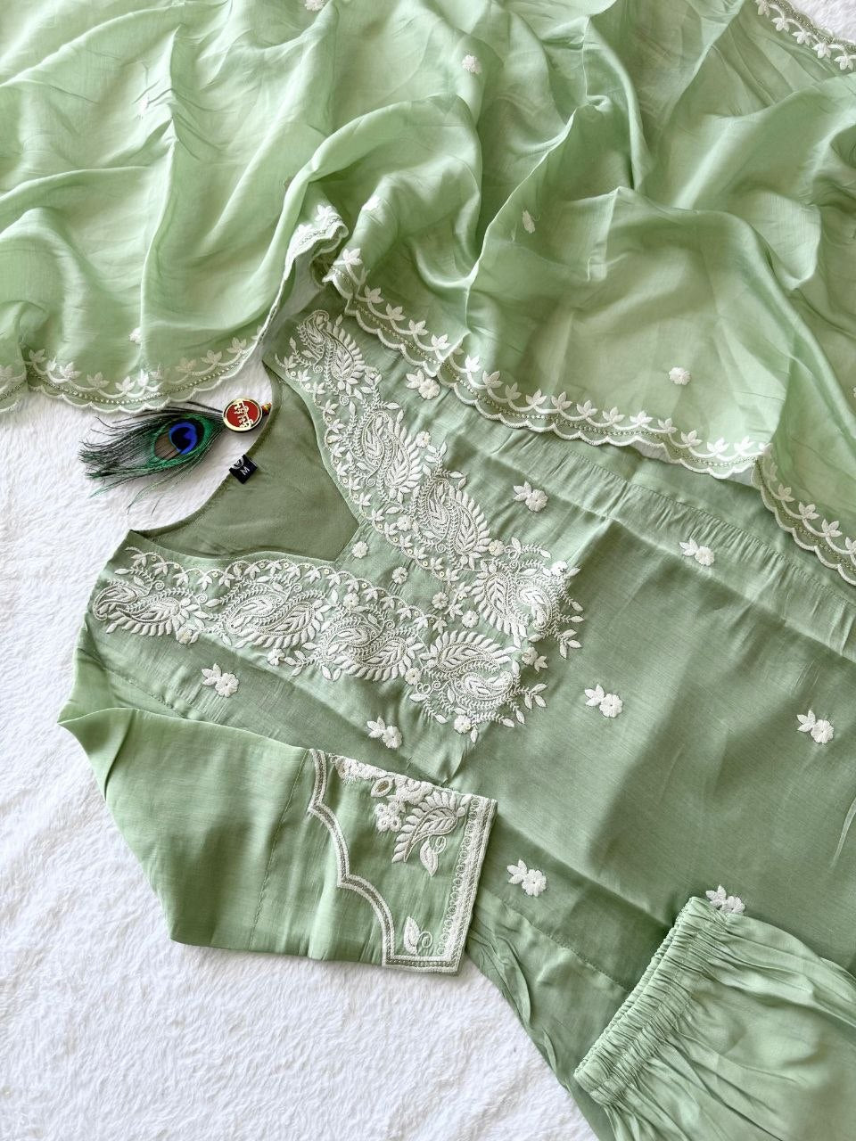 Pista Green Pure Mul Chanderi Embroidered A-Line Suit Set with Dupatta