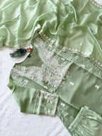 Pista Green Pure Mul Chanderi Embroidered A-Line Suit Set with Dupatta