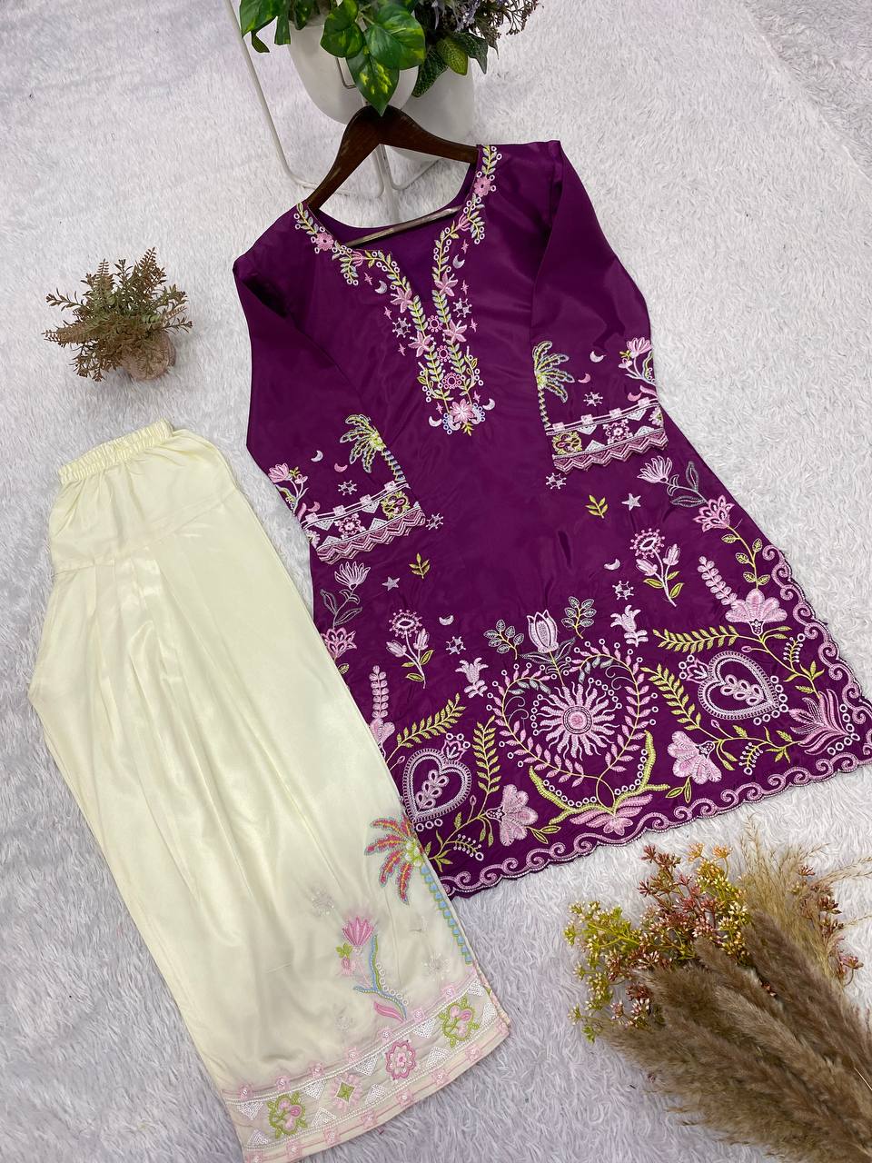 Very Attractive Magenta Floral Embroidered French Crepe Tunic Set