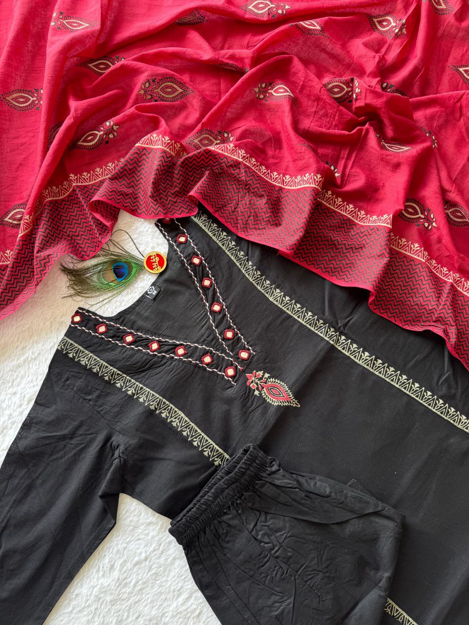 Classic Black Cotton Ethnic Suit Set With Block Print With Real Mirror Hand Work
