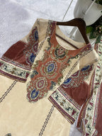 Very Attractive Beige and Maroon Printed Chinon Suit Set With Mirror Work