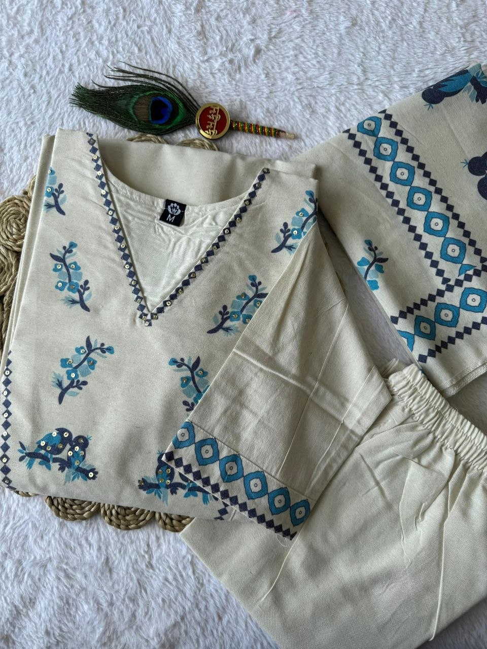 Elegant Pure Khadi Cotton Printed Salwar Suit with Sequence Handwork