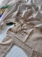 Elegant Beige Hand Work Premium Mul Chanderi Suit Set With Floral Dupatta