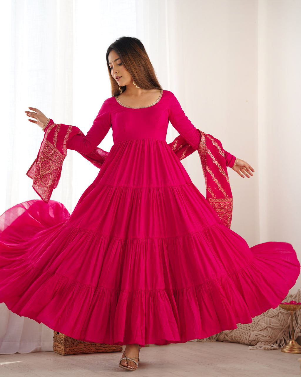 Pink Roman Silk Anarkali Suit Set with Woven Banarasi Dupatta