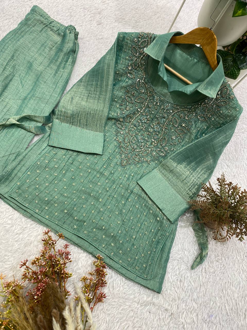 Very Beautiful Sage Green Salsa Silk HandWork Co-Ord Set