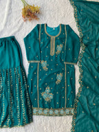 Festive Teal Green Fox Georgette Designer Suit Set with Embroidered Dupatta