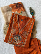 Elegant Rust Premium Roman Silk Embroidered Suit Set with Floral Dupatta