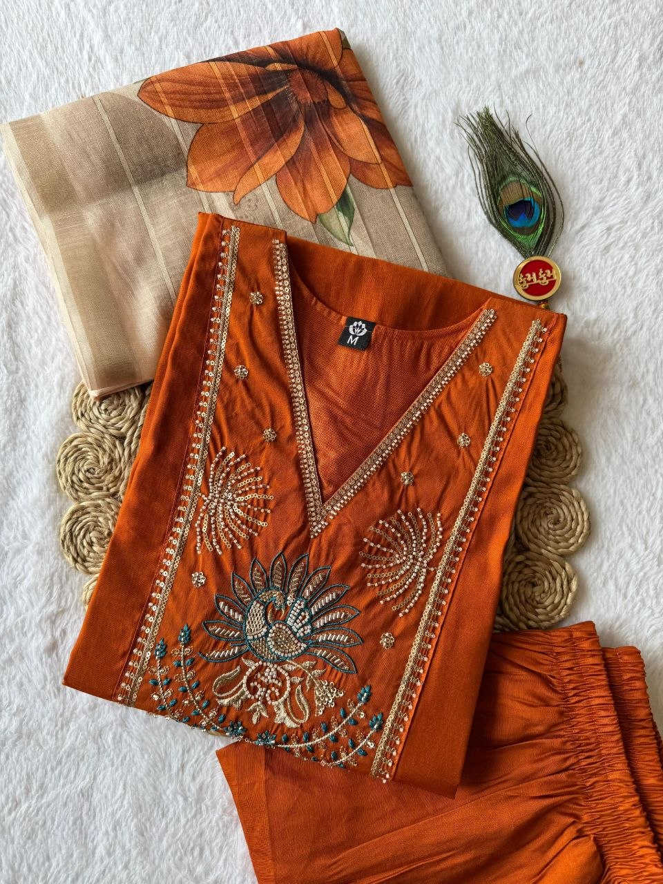 Elegant Rust Premium Roman Silk Embroidered Suit Set with Floral Dupatta