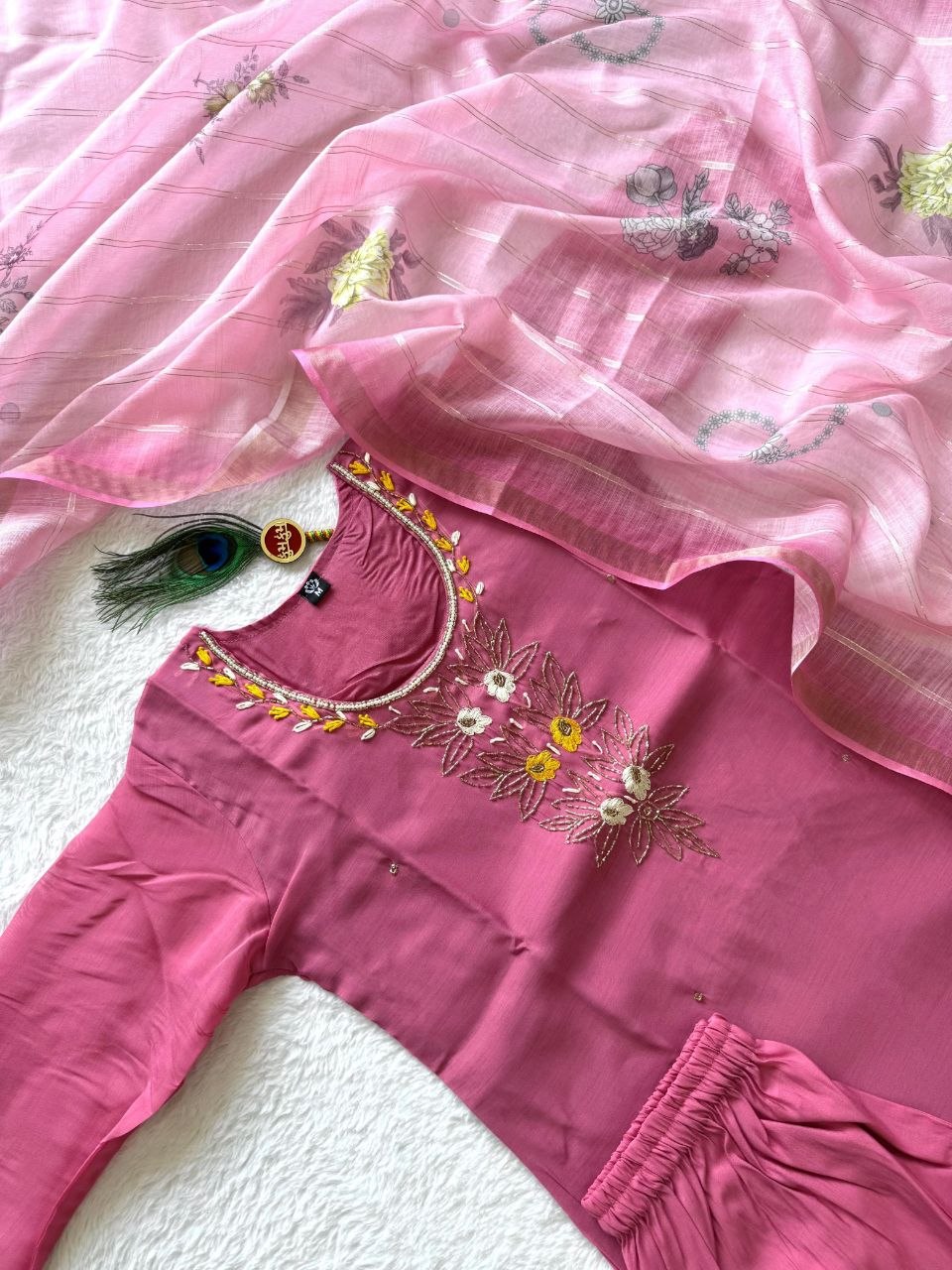New Designer Light Pink Mul Chanderi Suit Set with Beautiful Hand Work