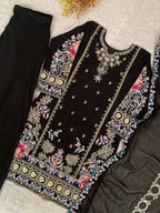 Elegant Black Fox Georgette Designer Suit Set With Embroidery Dupatta