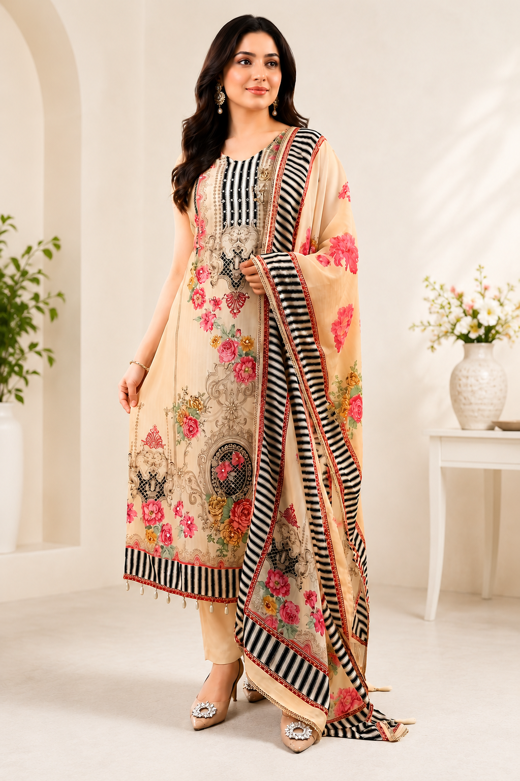 Elegant Floral Printed Muslin Suit Set with Dupatta