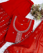 Festive Red Fox Georgette Designer Suit Set with Pearl Accent Dupatta