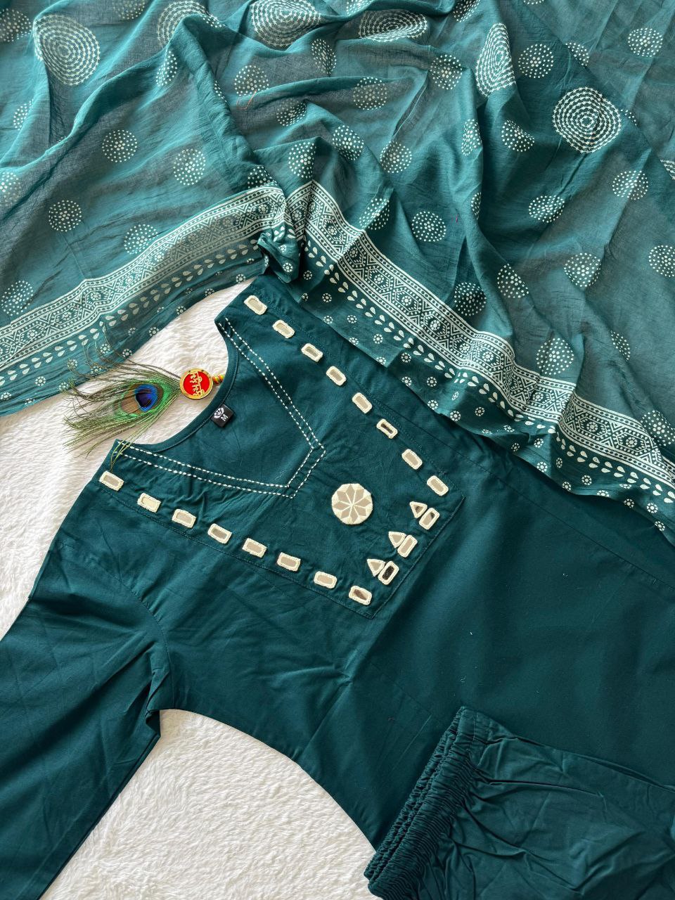 Emerald Teal Cotton Ethnic Suit Set With Real Mirror Hand Work