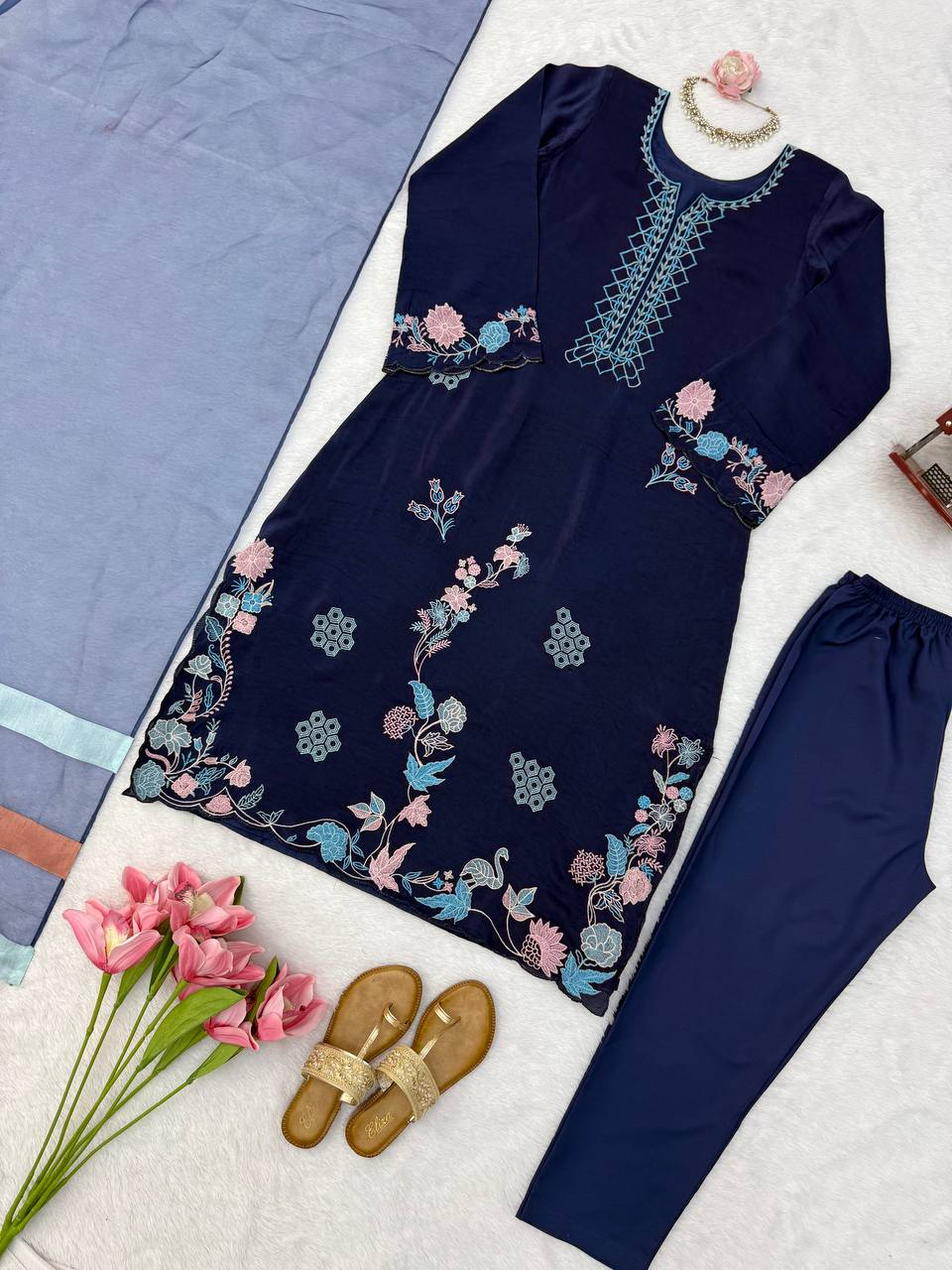 Navy Blue Floral Thread Work Jura Silk Kaftan-Style Kurta Set