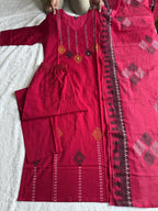 Attractive Rani Pink Pure Cotton Ethnic Suit Set with Hand Block Print Work