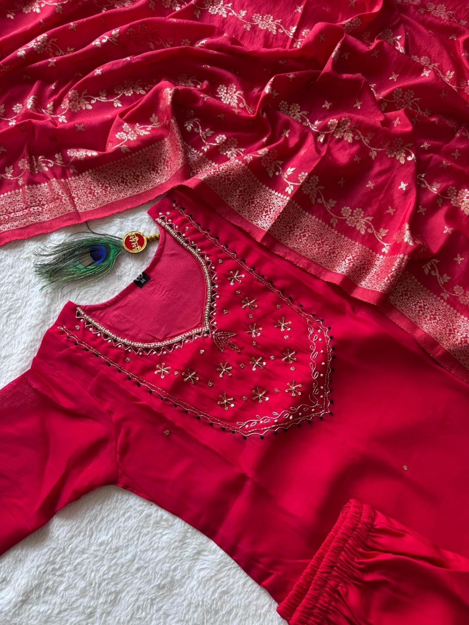 Elegant Handwork Mul Chanderi Suit Set With Jacquard Dupatta