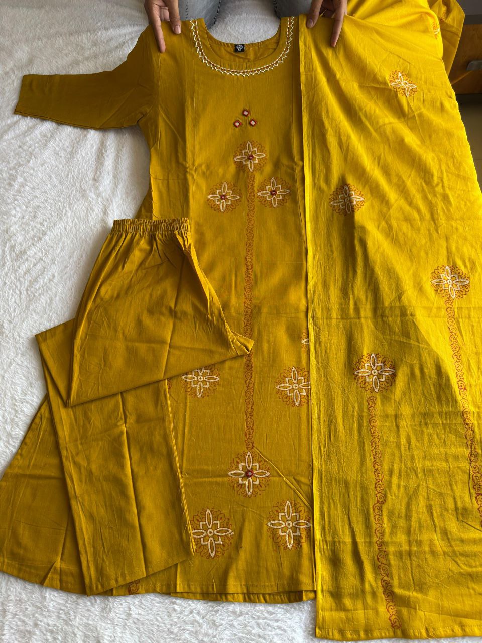 Festive Mustard Pure Cotton Suit Set with Floral Mirror Hand Work