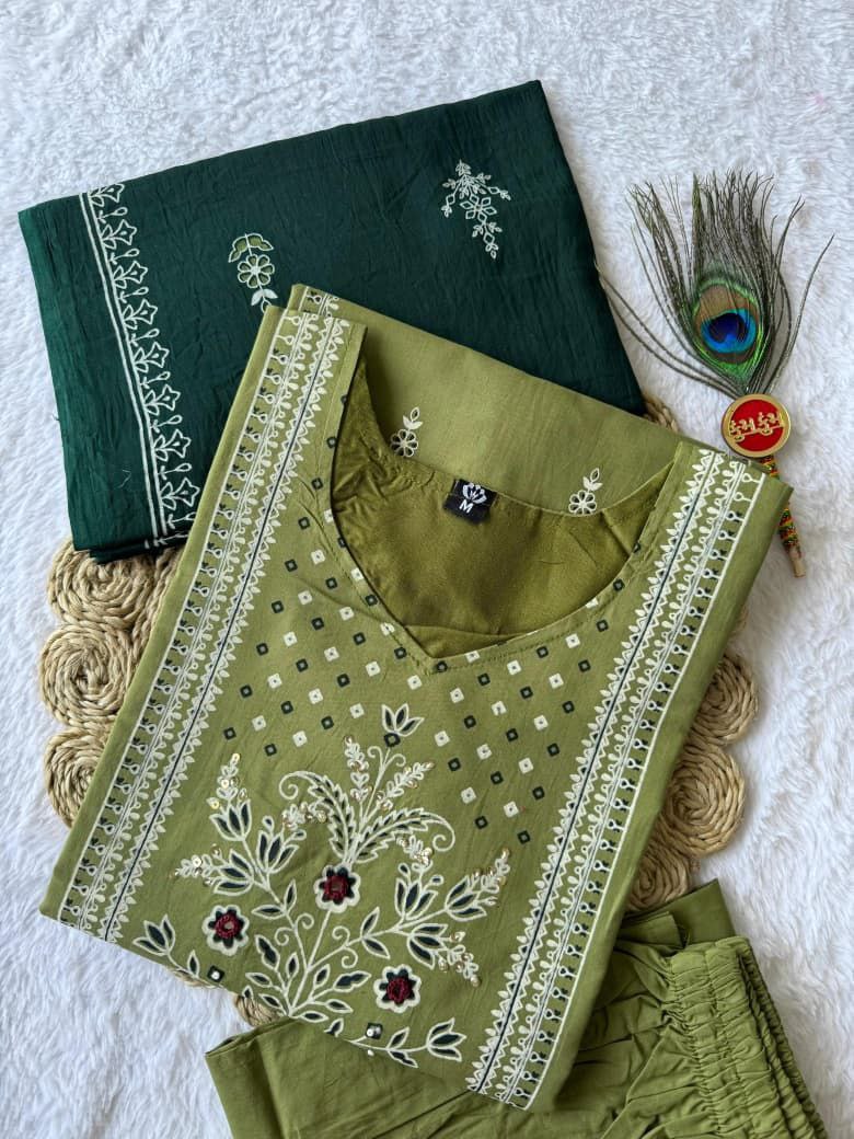 Elegant Green Hand Block Printed Pure Cotton Suit Set