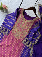 Elegant Dual-Tone Violet Magenta Chinon Silk Embroidery Suit Set