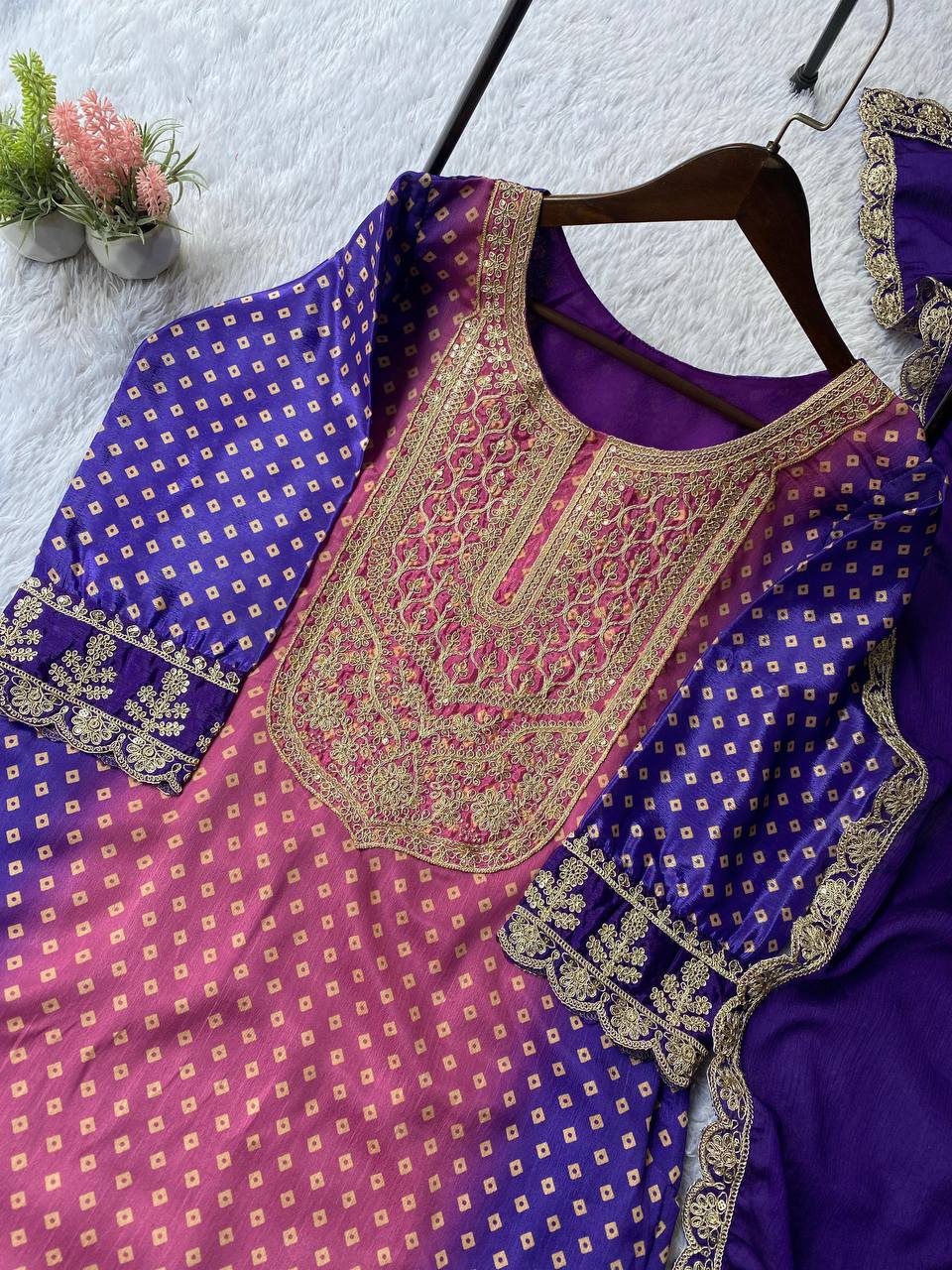 Elegant Dual-Tone Violet Magenta Chinon Silk Embroidery Suit Set