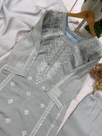 Catchy Light Sage Roman Silk Embroidered Suit Set