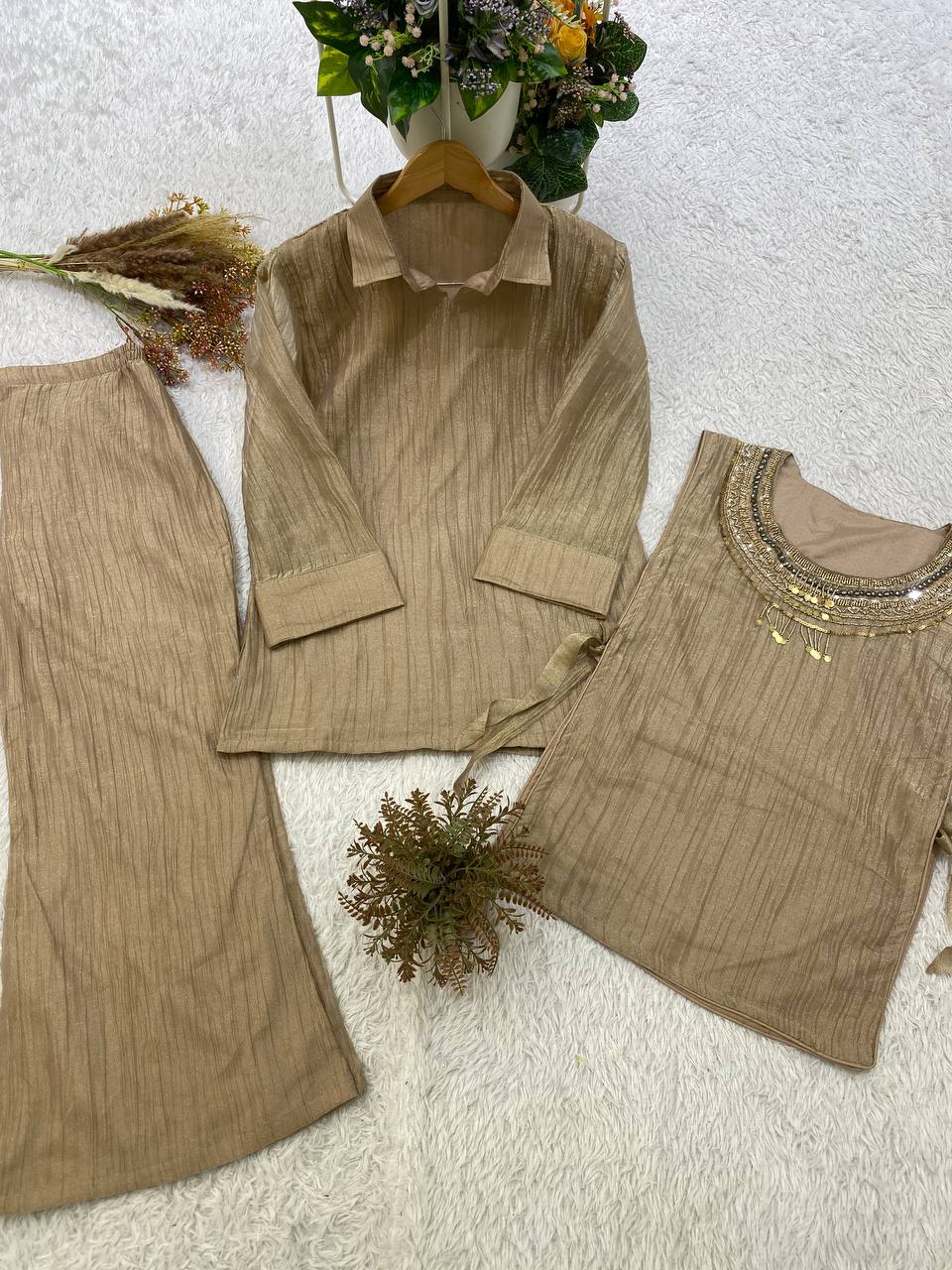 Premium Beige Salsa Crushed Festive Co-Ord Set