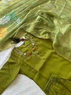 Premium Olive Green Mul Chanderi Suit Set With Beautiful Handwork