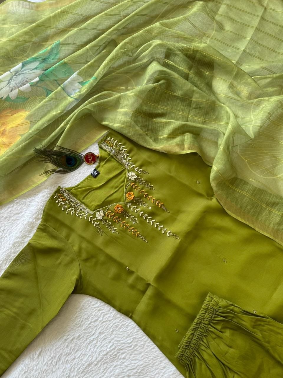 Premium Olive Green Mul Chanderi Suit Set With Beautiful Handwork