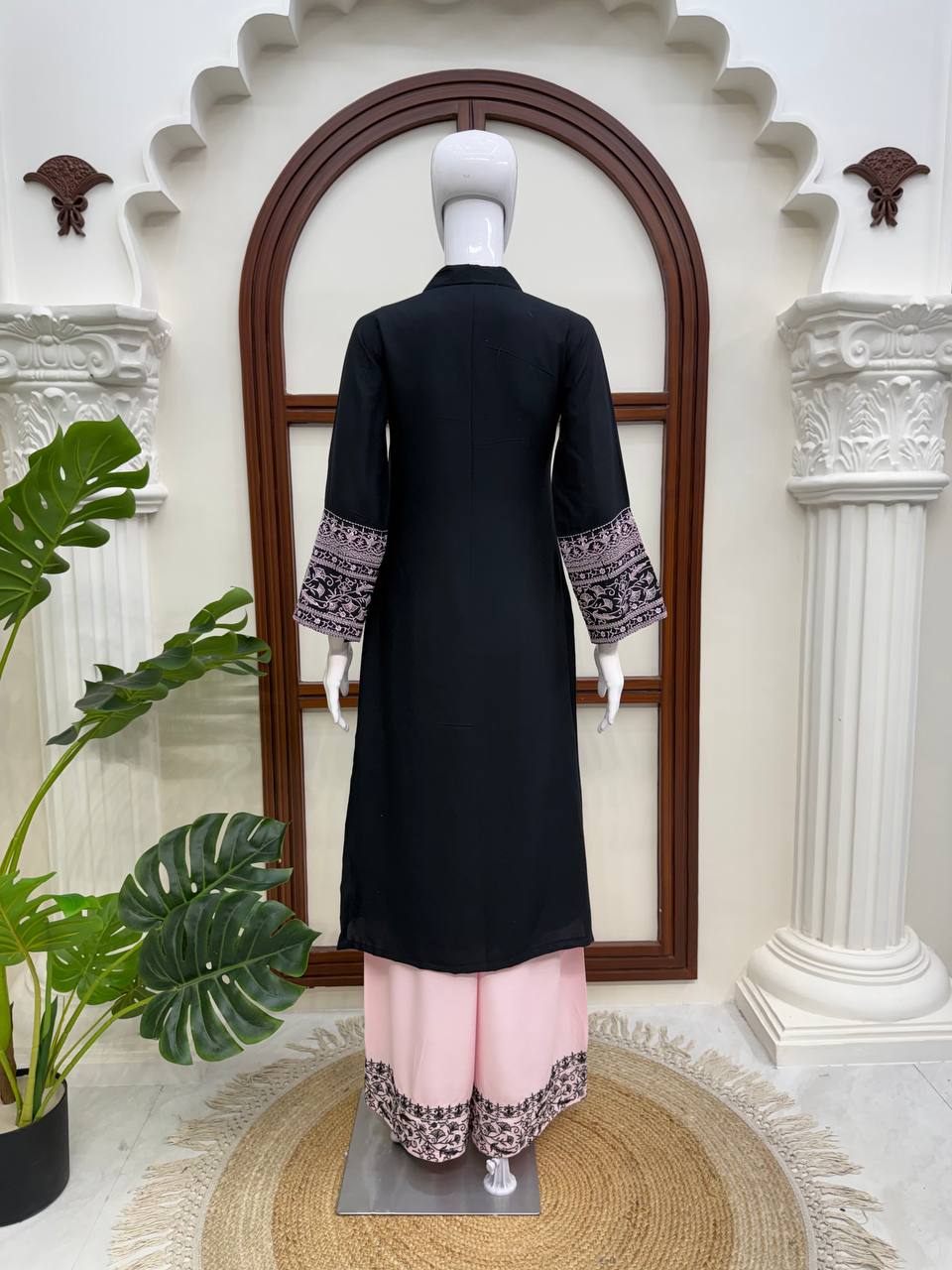 Black Rayon Thread Work Cotton Co-ord Kurta Set