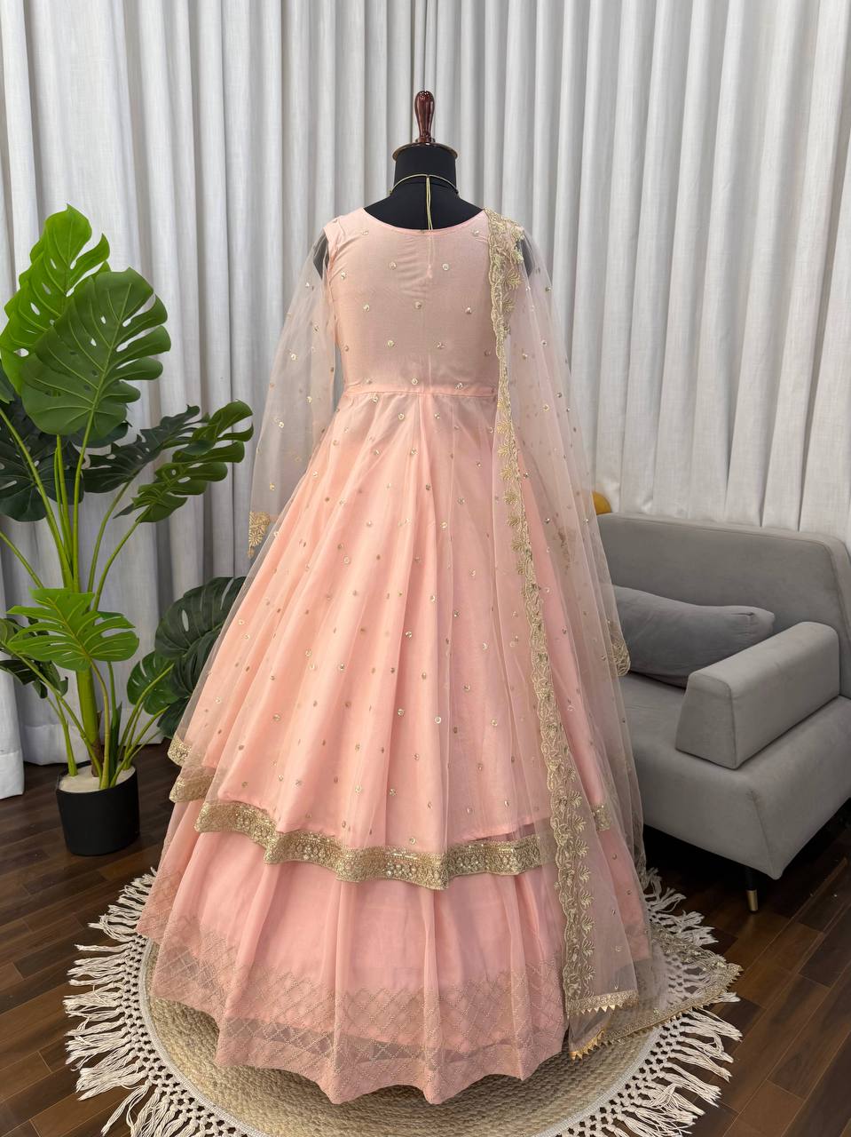 Peach Faux Georgette Thread and Sequence Anarkali Suit Set