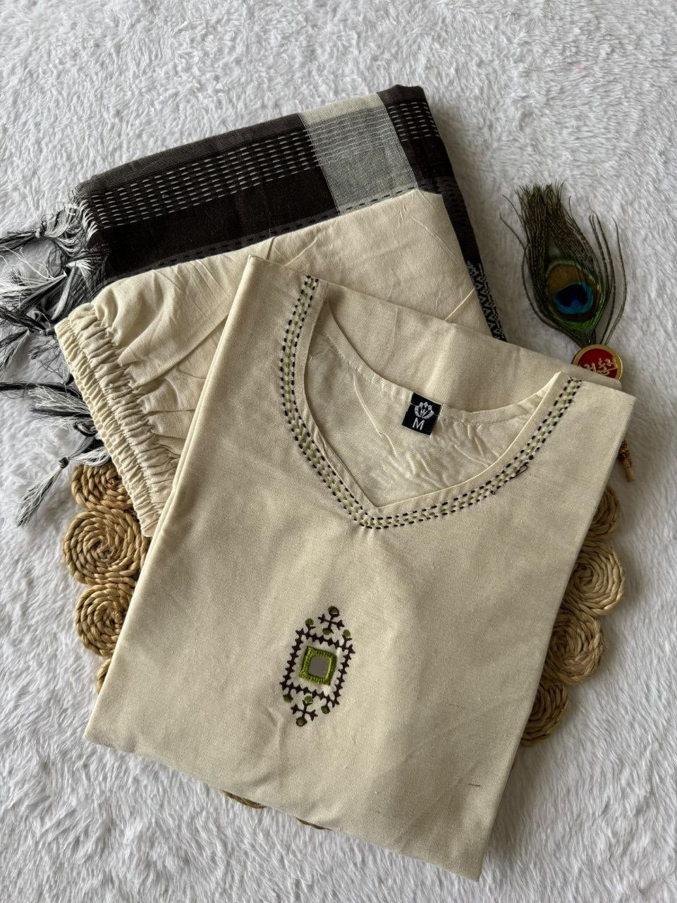 Premium Heritage Khadi Cotton Embroidery Suit Set With Real Mirror Work
