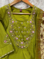 Beautiful Olive Green Premium Marina Silk Embroidered Kurti Pant Dupatta Set