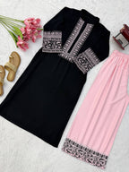 Black Rayon Thread Work Cotton Co-ord Kurta Set