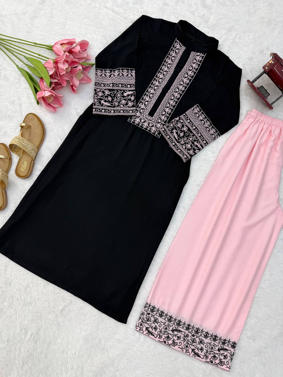Black Rayon Thread Work Cotton Co-ord Kurta Set