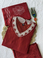 Very Beautiful Red Floral Embroidered Cotton Suit Set