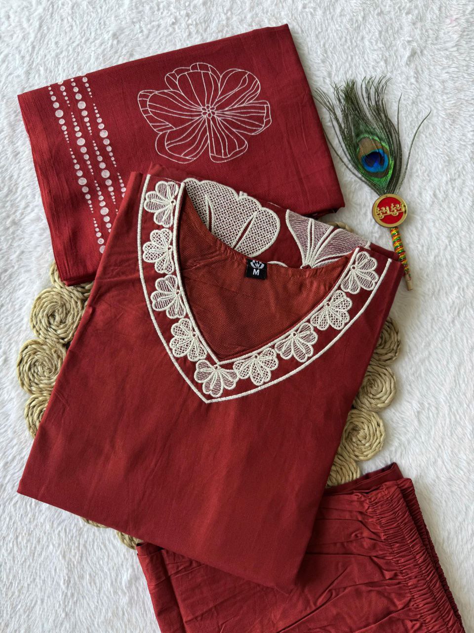Very Beautiful Red Floral Embroidered Cotton Suit Set