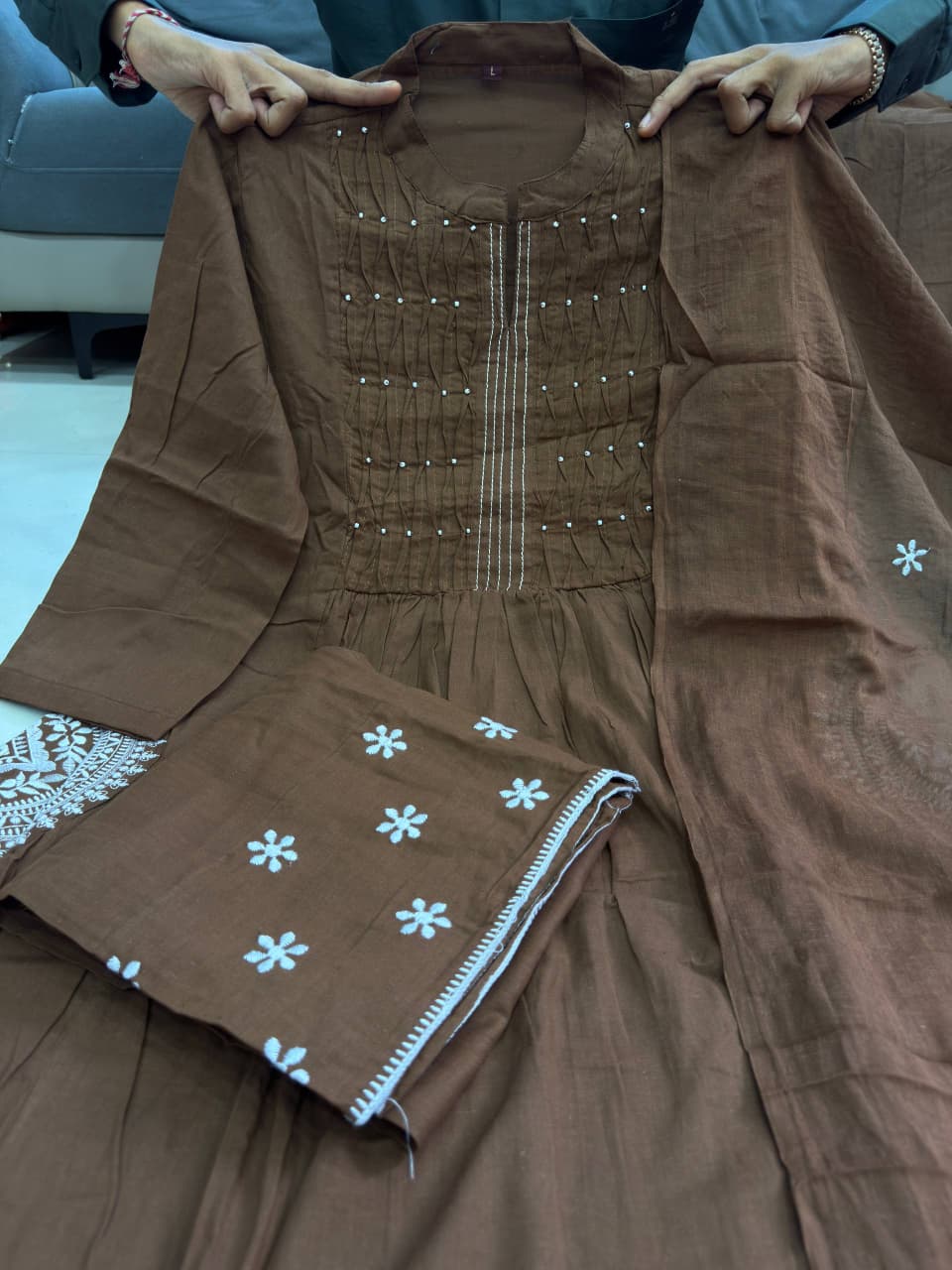 Elegant Brown A-Line Handwork Pure Cotton Suit Set