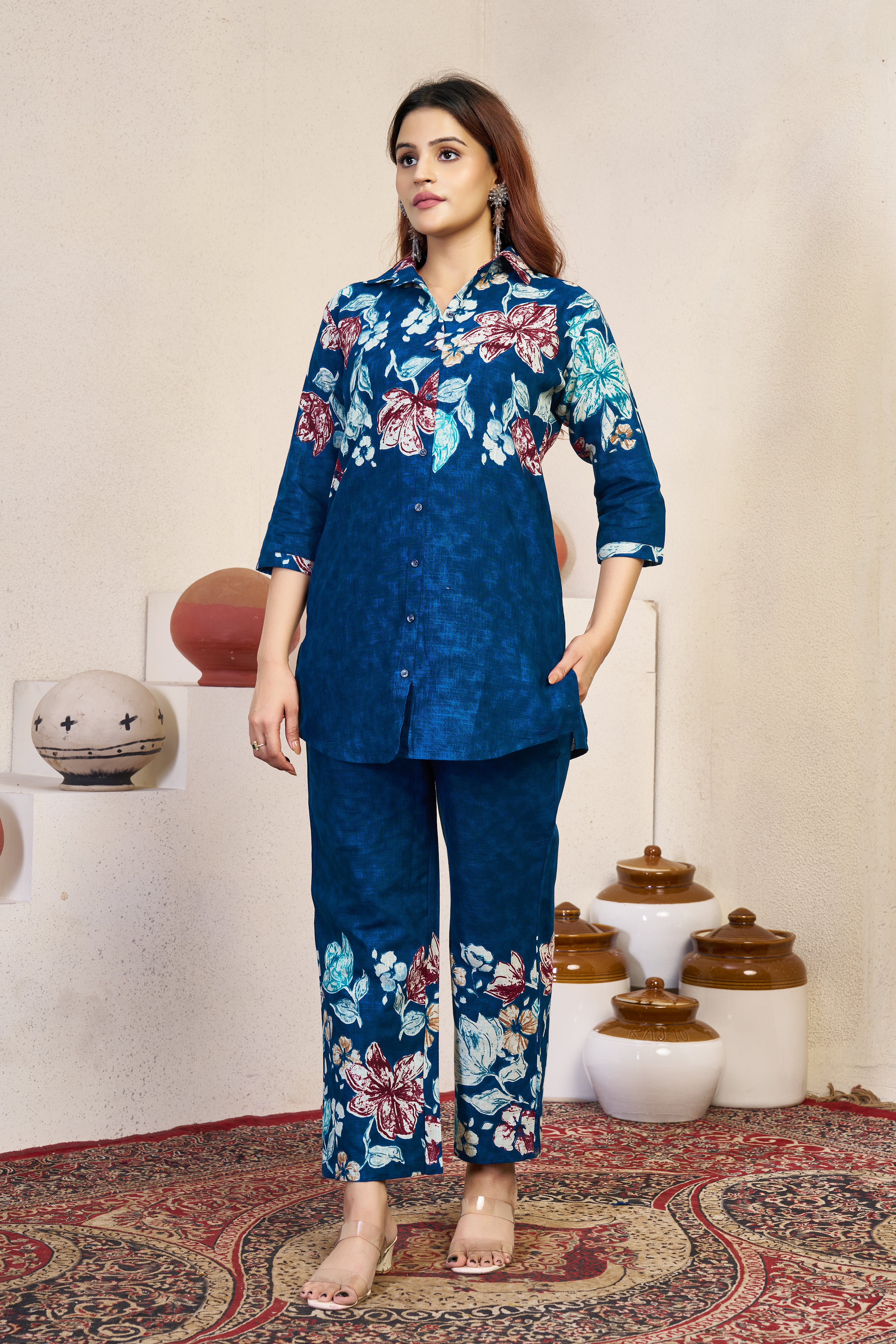 Woman's Designer Teal Blue Pure Cotton Printed Co-Ord Set