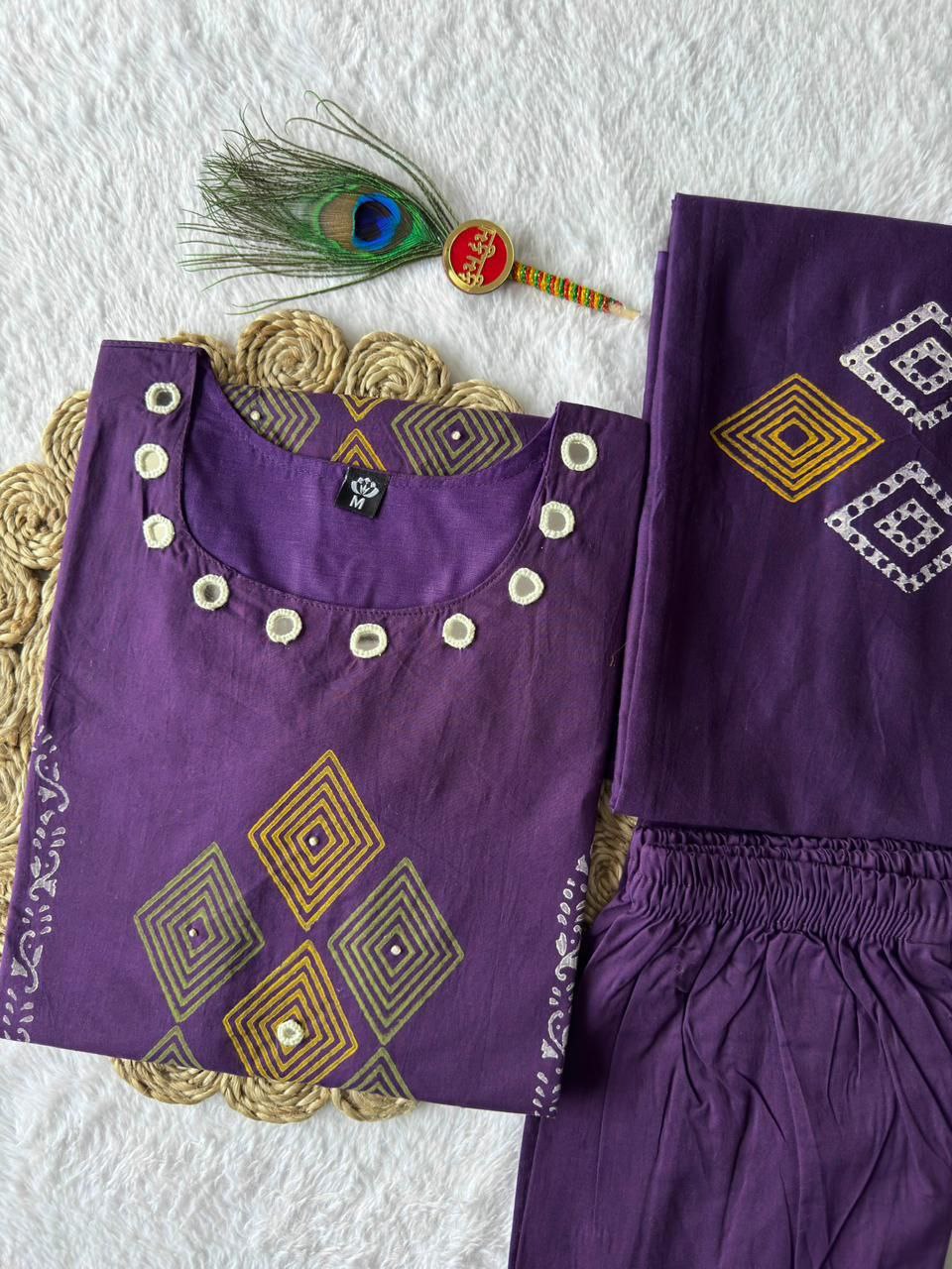 Elegant Royal Purple Pure Cotton Suit Set With Mirror Hand Work