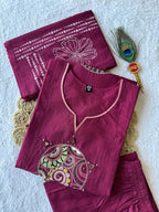 Wine Pure Cotton Embroidery Kurta Pant Set With Mandala Patchwork