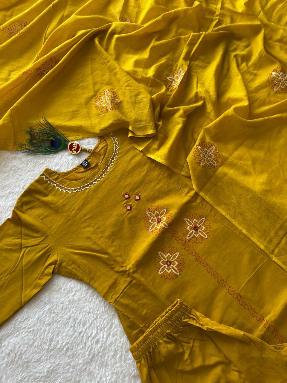 Festive Mustard Pure Cotton Suit Set with Floral Mirror Hand Work