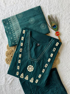 Emerald Teal Cotton Ethnic Suit Set With Real Mirror Hand Work