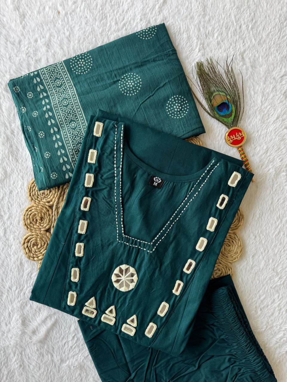 Emerald Teal Cotton Ethnic Suit Set With Real Mirror Hand Work