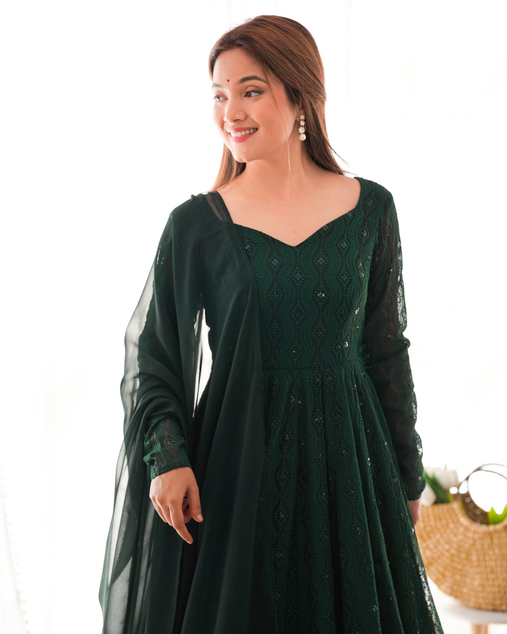 Emerald Grace Soft Georgette Silk Anarkali Suit Set with Ruffle Dupatta